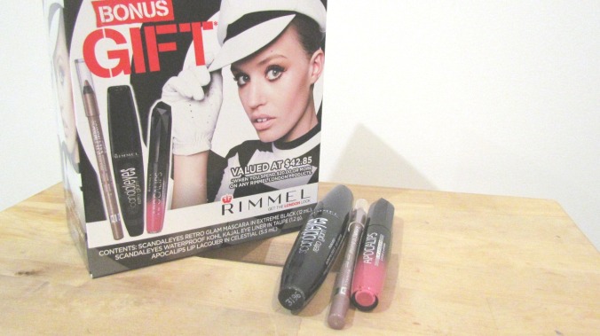 Free gift from Rimmel! Contains: - Scandaleyes Retro Glam Extreme Black Mascara - Scandaleyes Waterproof Kohl Kajal Liner in Taupe - Apocalips Lip Lacquer in Celestial